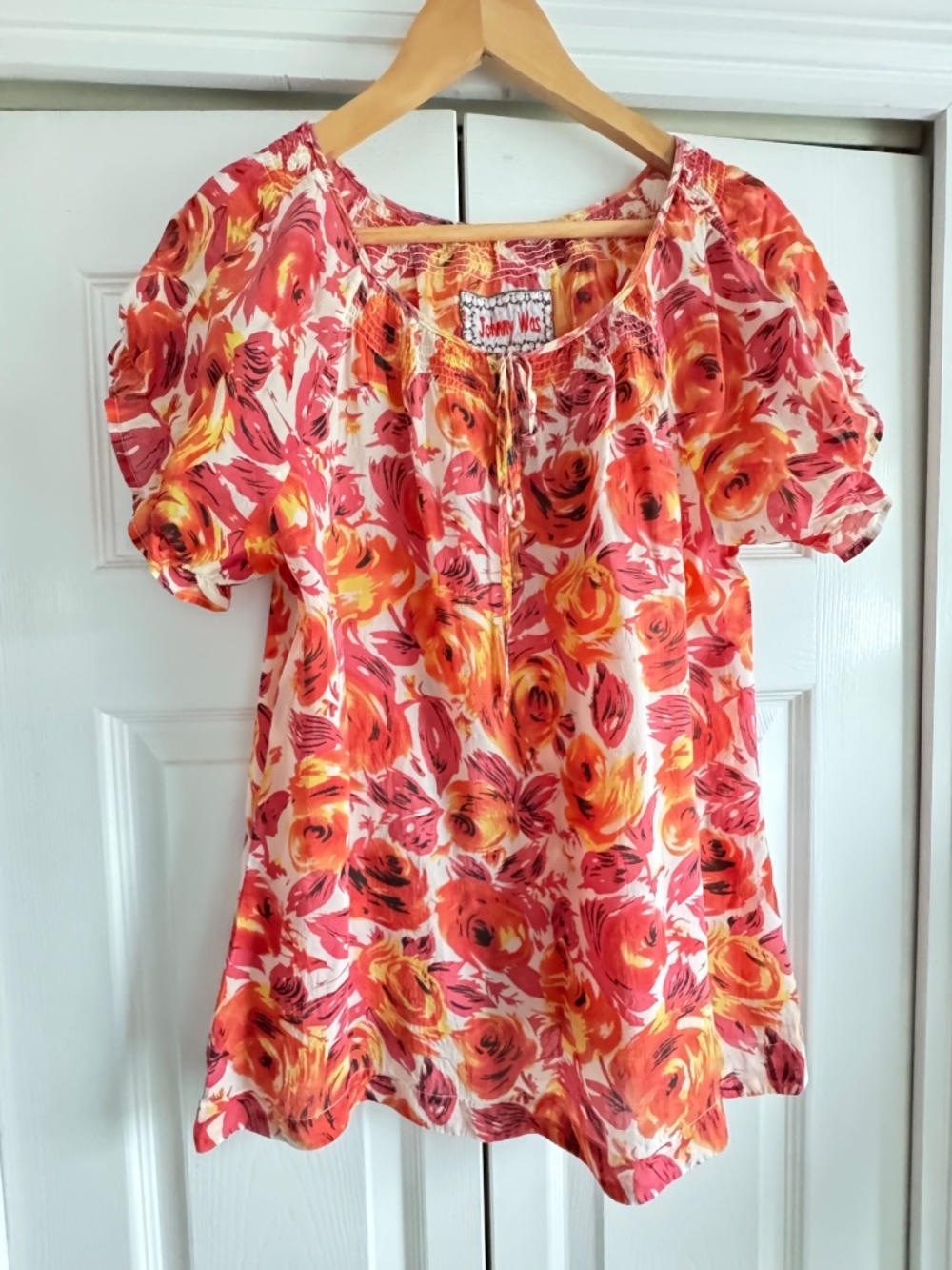 Johnny Was Blouse Short Sleeve Floral Rose Print Orange Pink White Lightweight